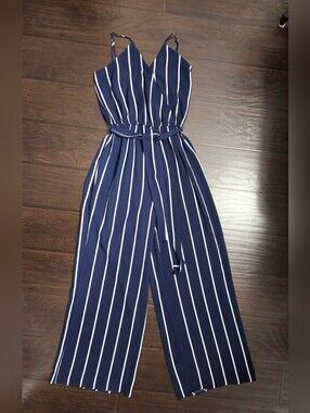 Navy and White Vertical-Stripe Wide-Leg Jumpsuit